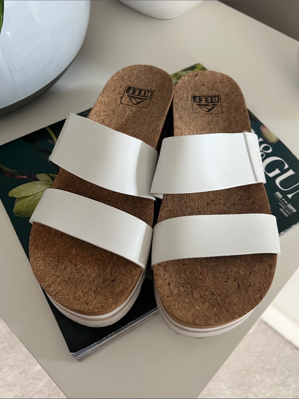 REEF White Double-Strap Platform Slide Sandals